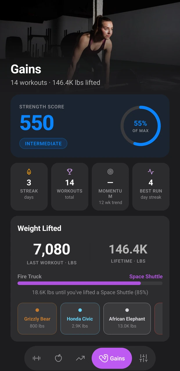 The Gains screen, showing a Strength Score of 550 at Intermediate and a three day streak.