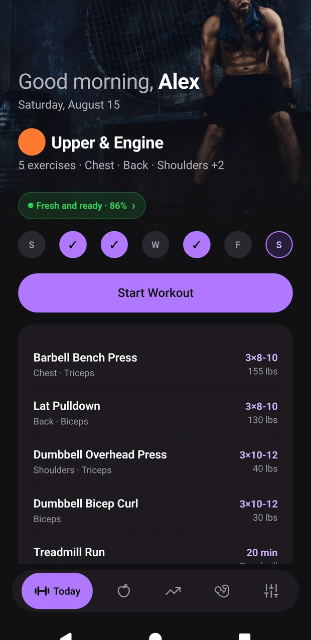 The Today screen, with a session queued and the working weight filled in for each exercise.