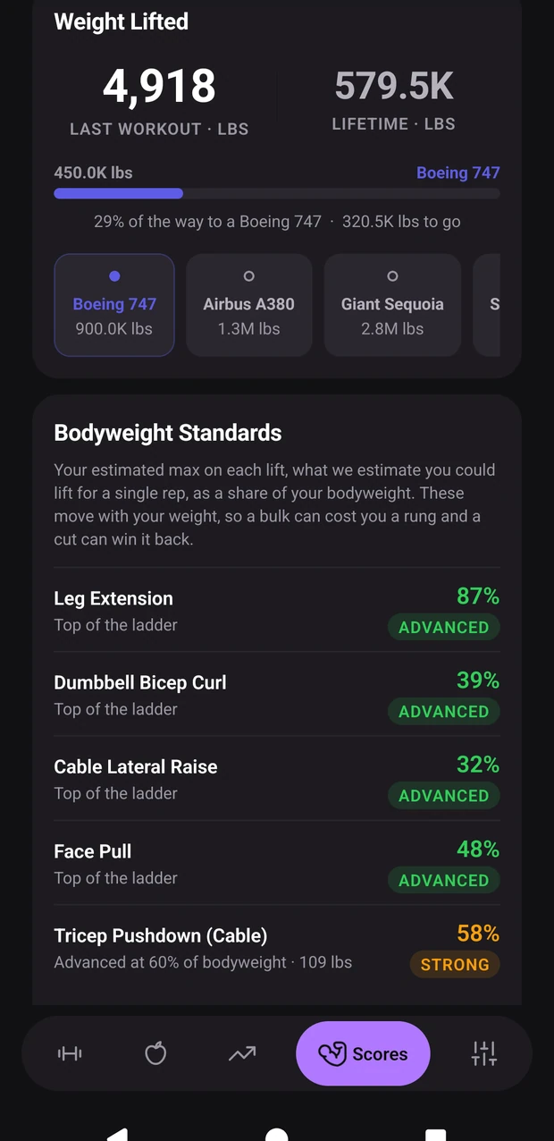 Bodyweight Standards: every lift you train as a share of what you weigh, and the weight the next rung needs
